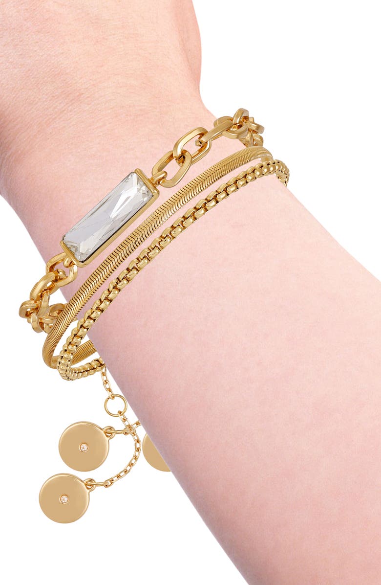 Vince Camuto Set of 3 Baguette Crystal & Chain Bracelets, Alternate, color, Gold Tone