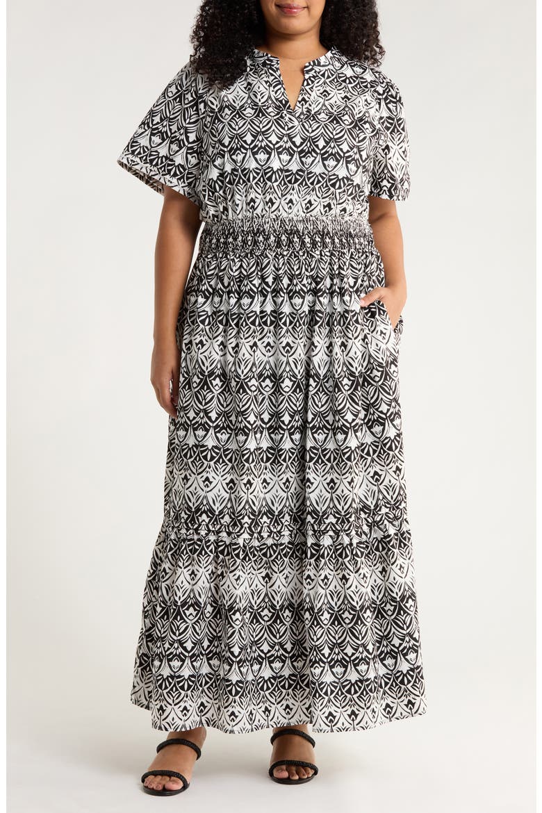 La Palma Floral Belraj Tiered Cotton Maxi Dress, Main, color, BLACK-WHITE