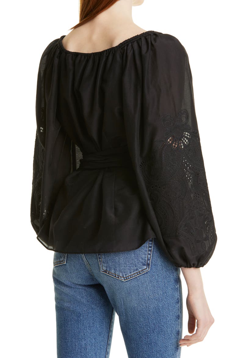 Norah Balloon Sleeve Cotton & Silk Wrap Blouse, Alternate, color, BLACK