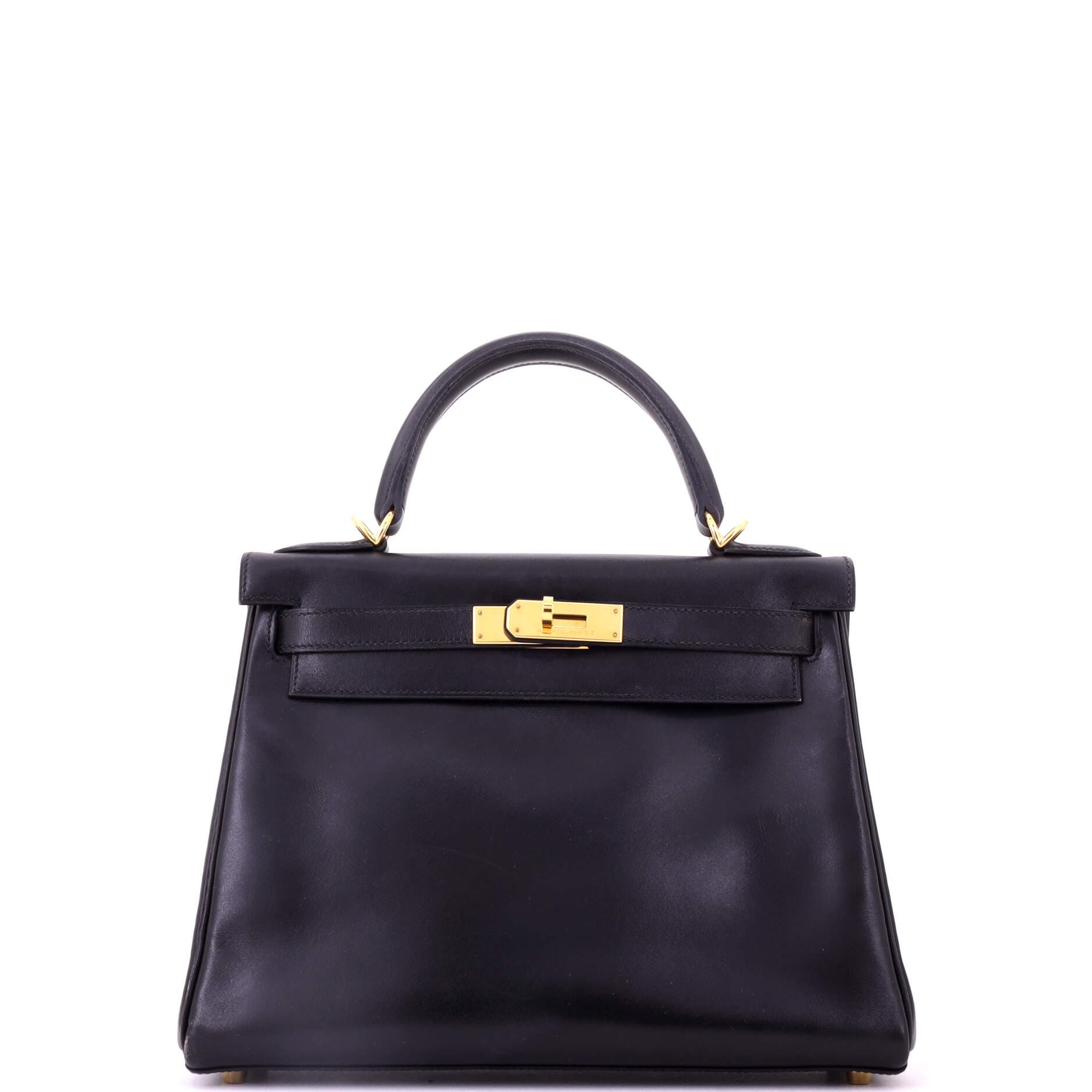 Pre-Owned Hermes Kelly Handbag Black Box Calf with Gold Hardware 28, Main, color, Noir