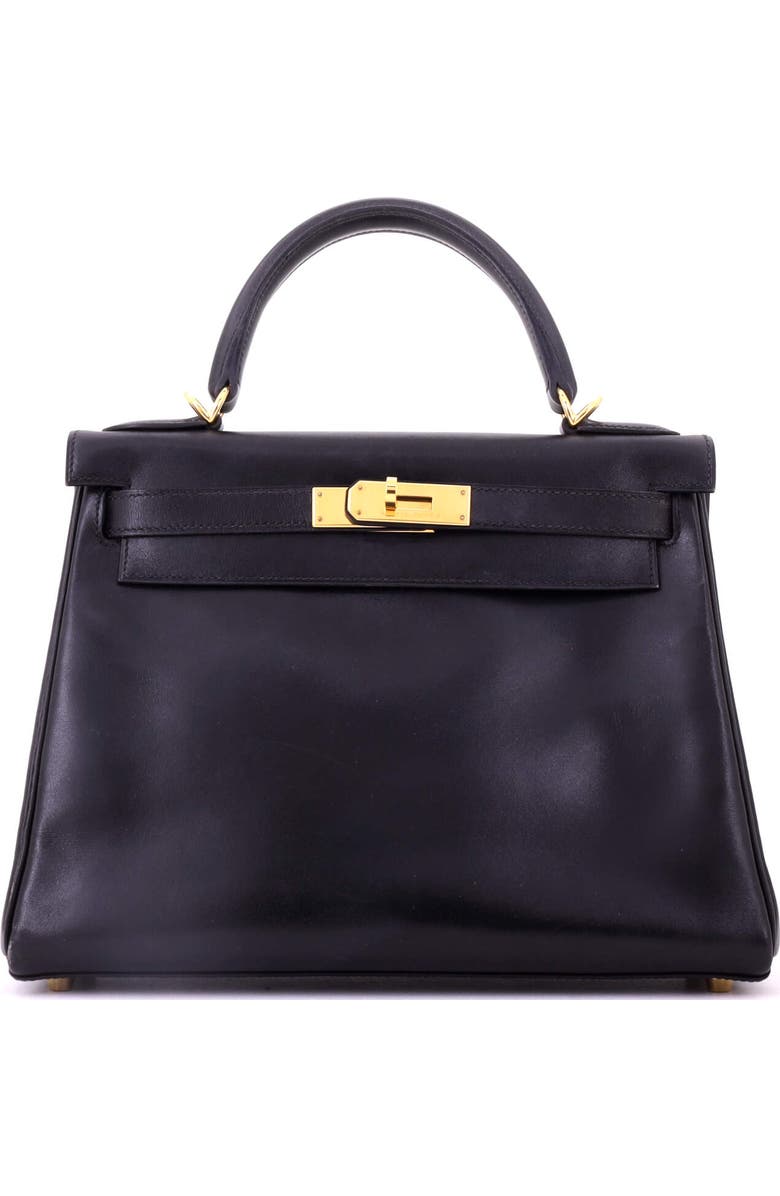 Pre-Owned Hermes Kelly Handbag Black Box Calf with Gold Hardware 28, Main, color, Noir