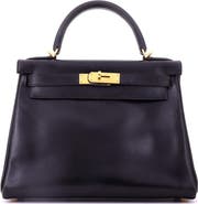 Pre-Owned Hermes Kelly Handbag Black Box Calf with Gold Hardware 28