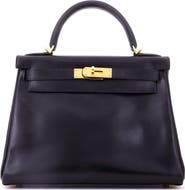 Pre-Owned Hermes Kelly Handbag Black Box Calf with Gold Hardware 28