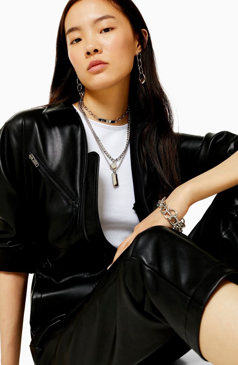 Topshop Long Sleeve Straight Leg Faux Leather Jumpsuit, Alternate, color, 