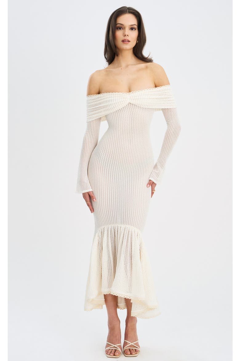 Kaedyn Off Shoulder Long Sleeve Crochet Mermaid Maxi Dress, Main, color, Beige
