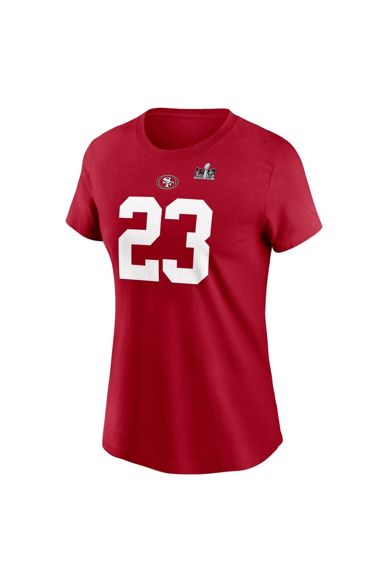 Women's Nike Christian McCaffrey Scarlet San Francisco 49ers Super Bowl LVIII Patch Player Name & Number T-Shirt, Alternate, color, Scarlet