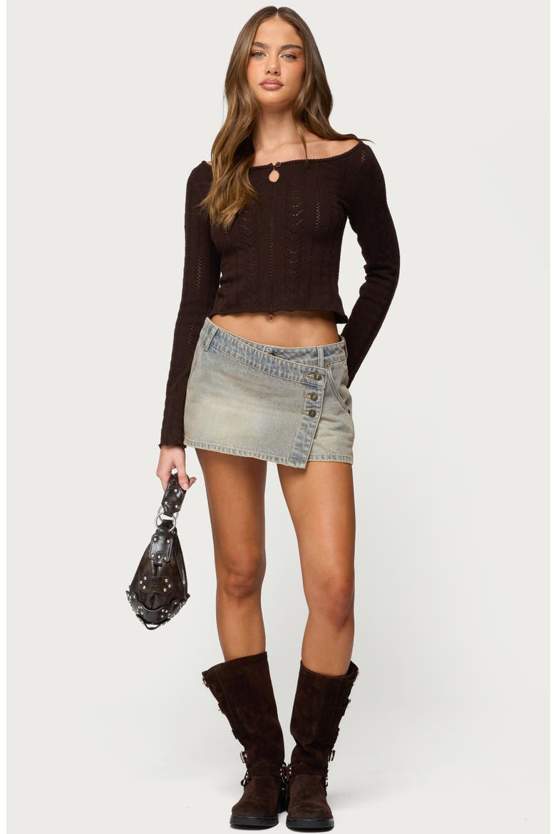Khari Pointelle Wide Neck Long Sleeve Crop Top, Alternate, color, BROWN