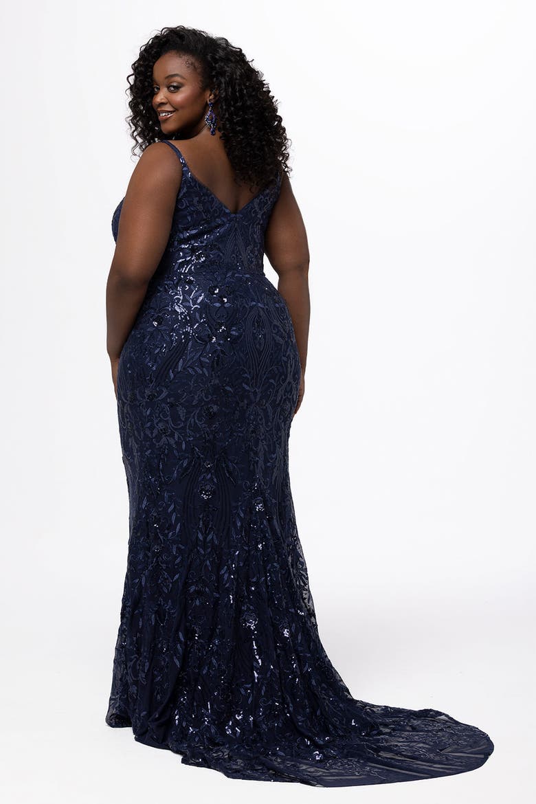 Fitted Stretch Sequin Formal Dress, Alternate, color, Navy