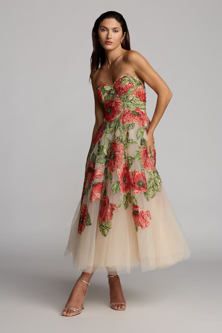 Embroidered Mesh Strapless A Line Midi Dress, Alternate, color, Nude Multi