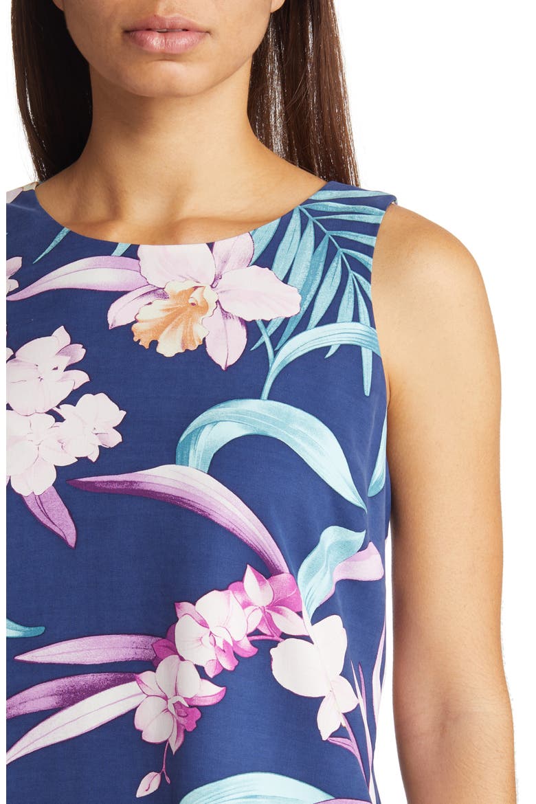 Orchid Opulence Print Sleeveless Silk Shift Dress, Alternate, color, ISLAND NAVY