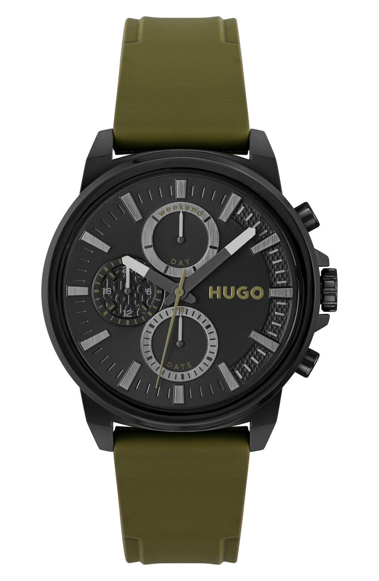 HUGO Relax Chronograph Silicone Strap Watch, 44.5mm x 11.4mm, Main, color, 