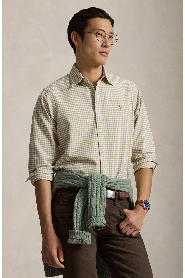 Classic Fit Gingham Cotton Button-Down Oxford Shirt, Alternate, color, COASTAL BEIGE/ WHITE