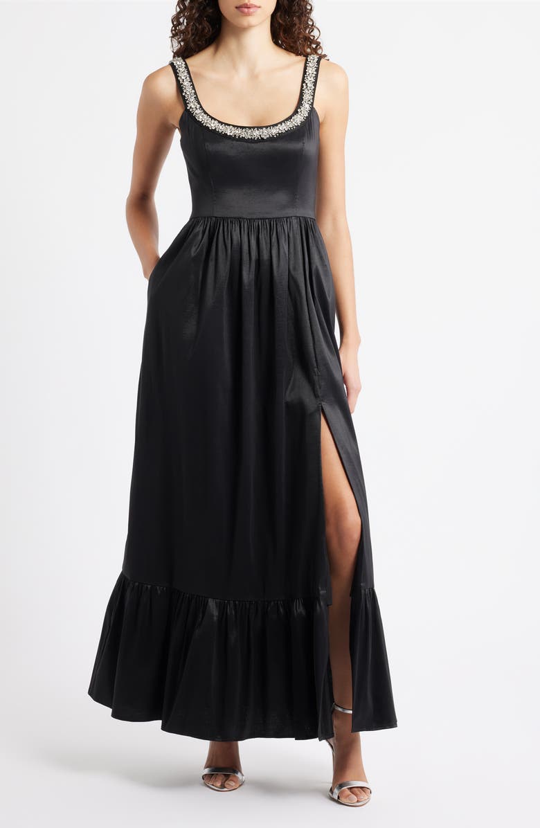 Hutch Ericha Crystal Embellished Satin Gown, Main, color, Black