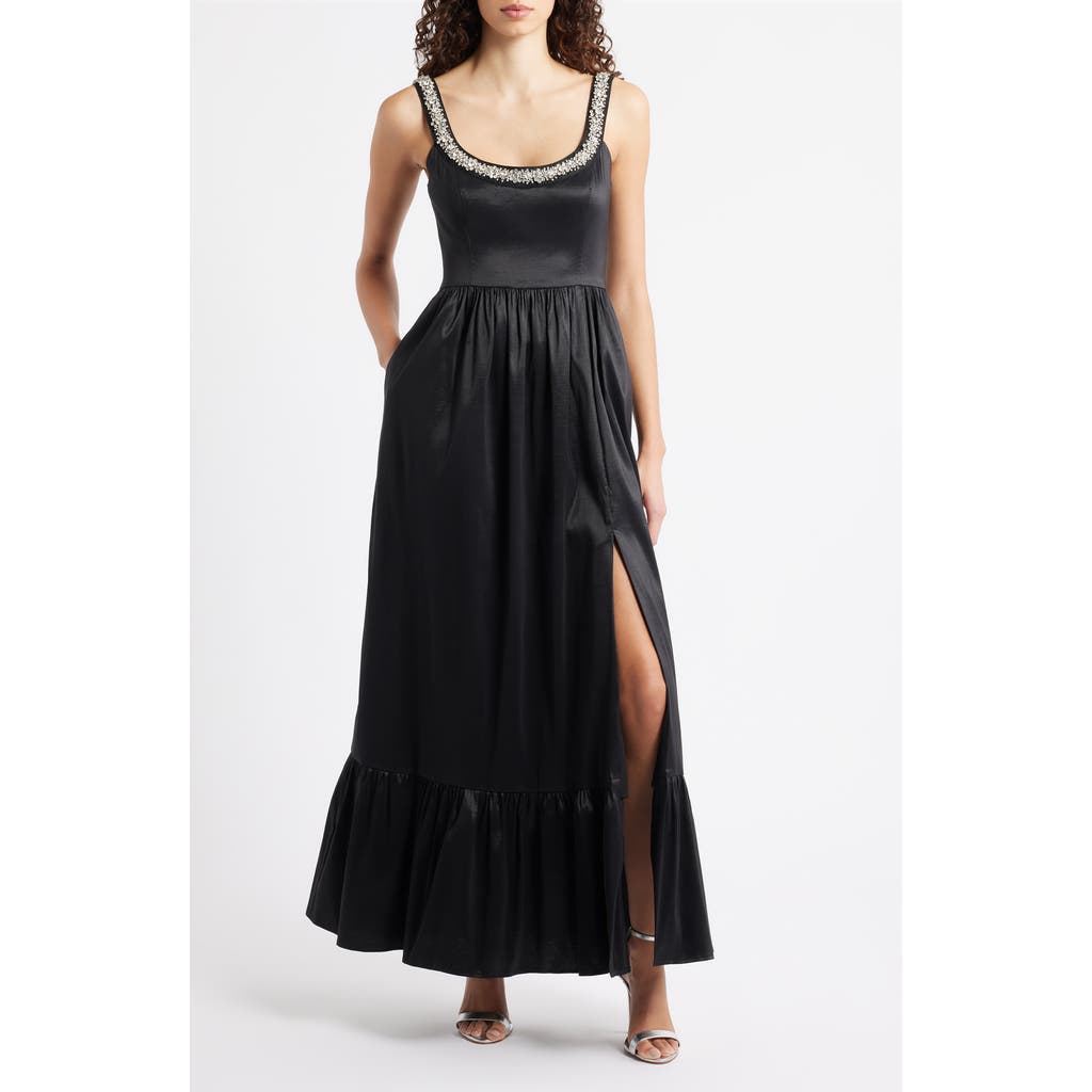 Hutch Ericha Crystal Embellished Satin Gown In Black
