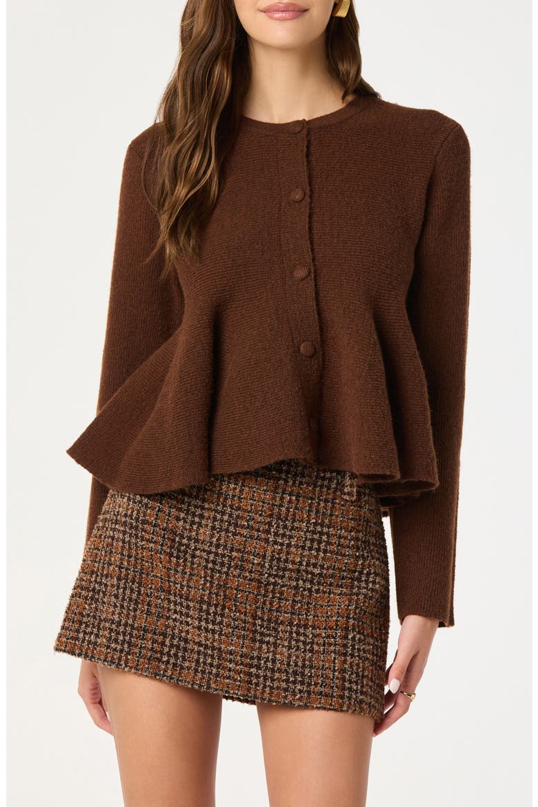 Swing Hem Peplum Cardigan, Main, color, BROWN