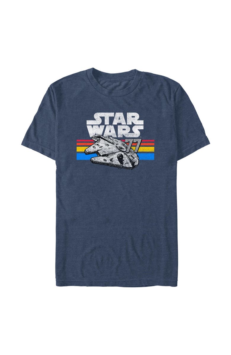 Star Wars: A New Hope Men's Star Wars A New Hope Millennium Falcon 77' Vintage Stripes  Graphic T-Shirt, Main, color, Navy Blue Heather