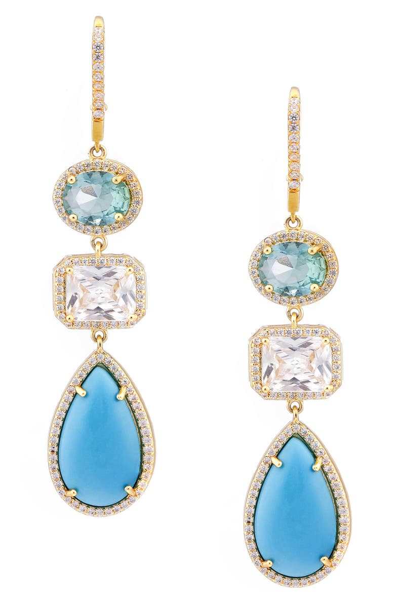 Nina Haloed Triple Drop Earrings, Main, color, Gold/ White Cz/ Blue