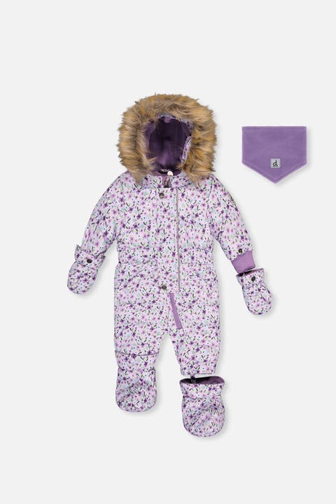 Mini Flowers Original One Piece Puffy Snowsuit with Removable Mittens and Boots
