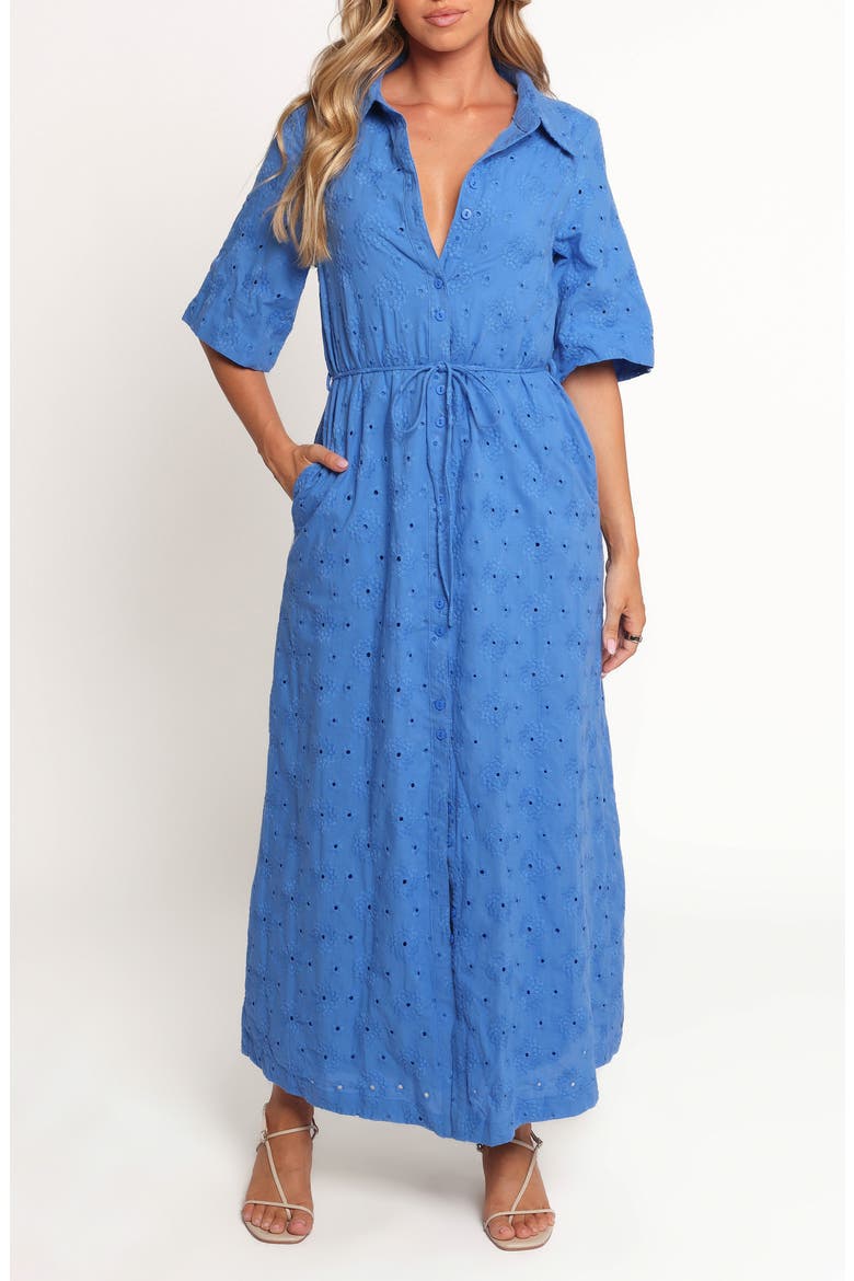 Cooper Embroidered Tie Waist Maxi Shirtdress, Main, color, COBALT
