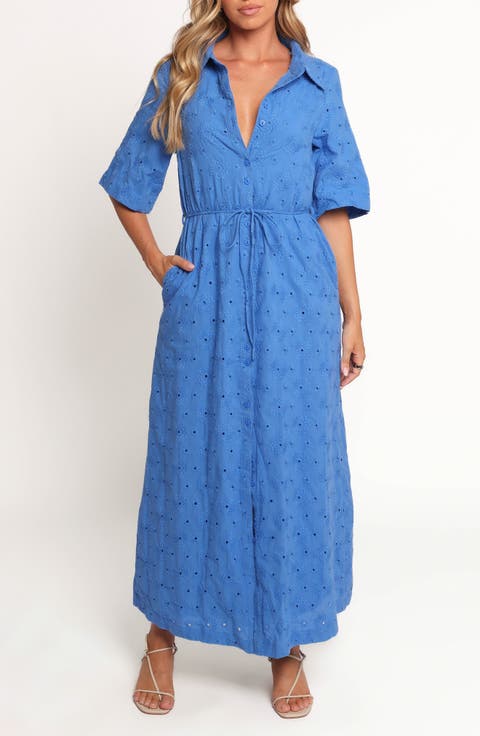 Cooper Embroidered Tie Waist Maxi Shirtdress