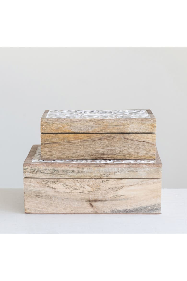 Handcarved & Whitewashed Mango Wood Boxes, Set of 2, Alternate, color, White Washed