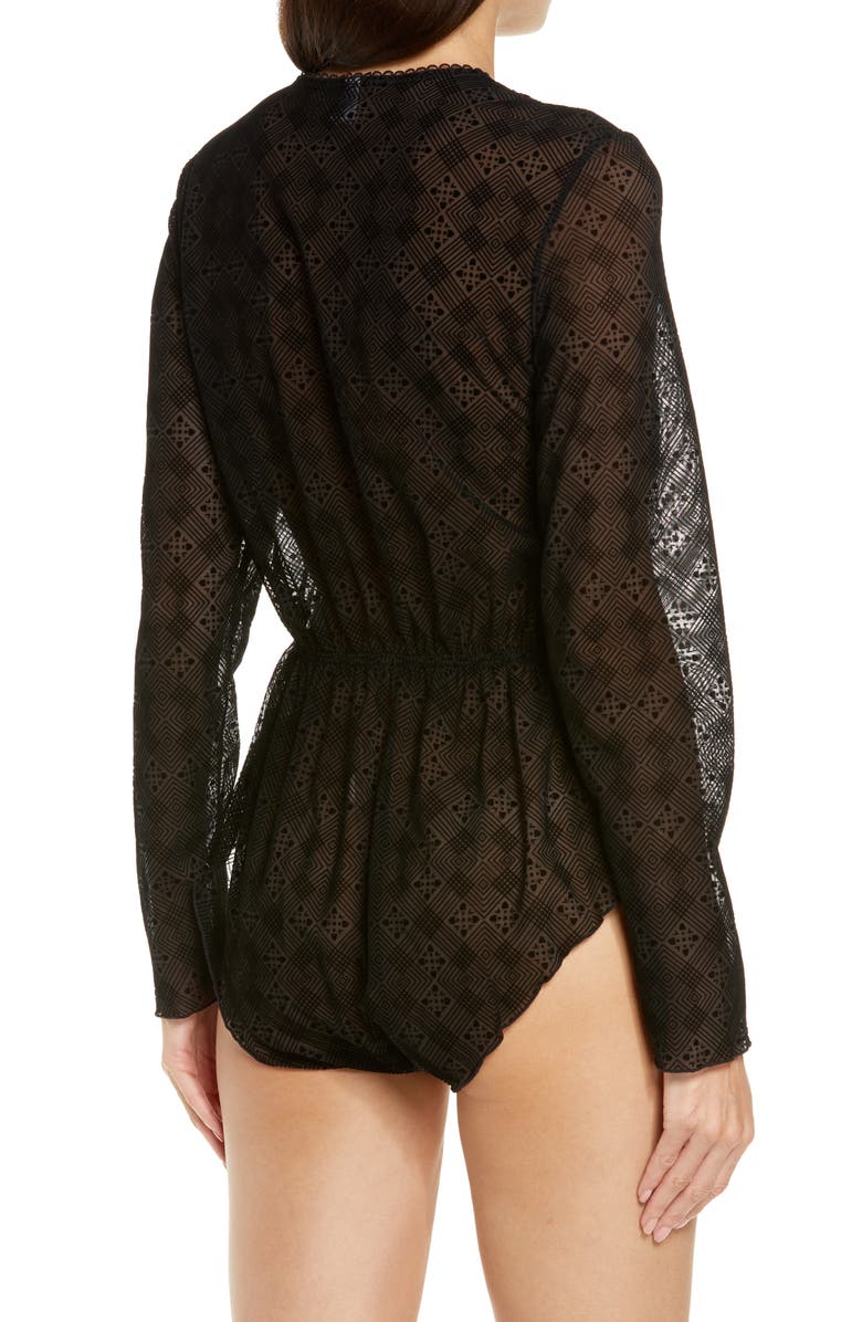 Coquette Long Sleeve Geo Lace Bodysuit, Alternate, color, Black