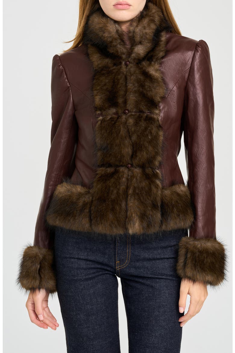 x Rose Lola Mercer Faux Fur Trim Faux Leather Jacket, Alternate, color, CHOCOLATE