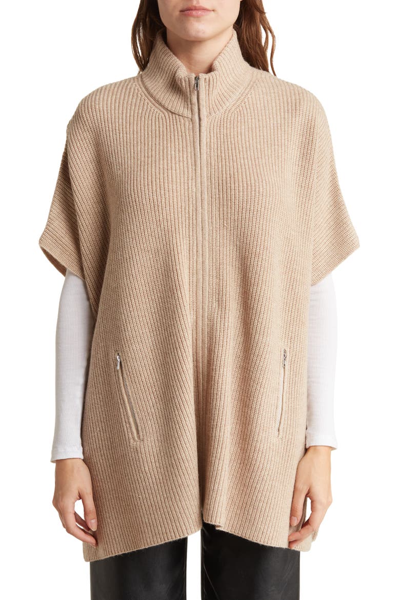 Cashmere Blend Zip Front Knit Cape, Alternate, color, CAMEL