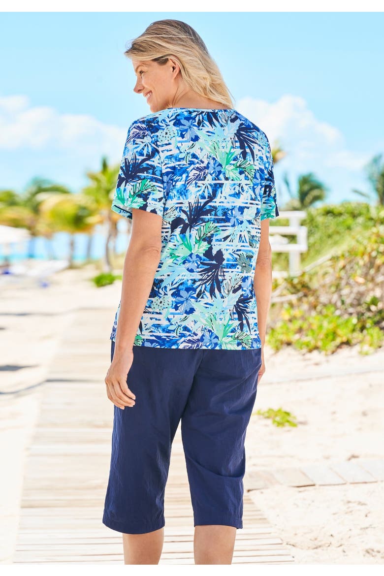 Chlorine-Resistant Crewneck Relaxed-Fit Swim Tee, Alternate, color, BLUE STRIPE PALM