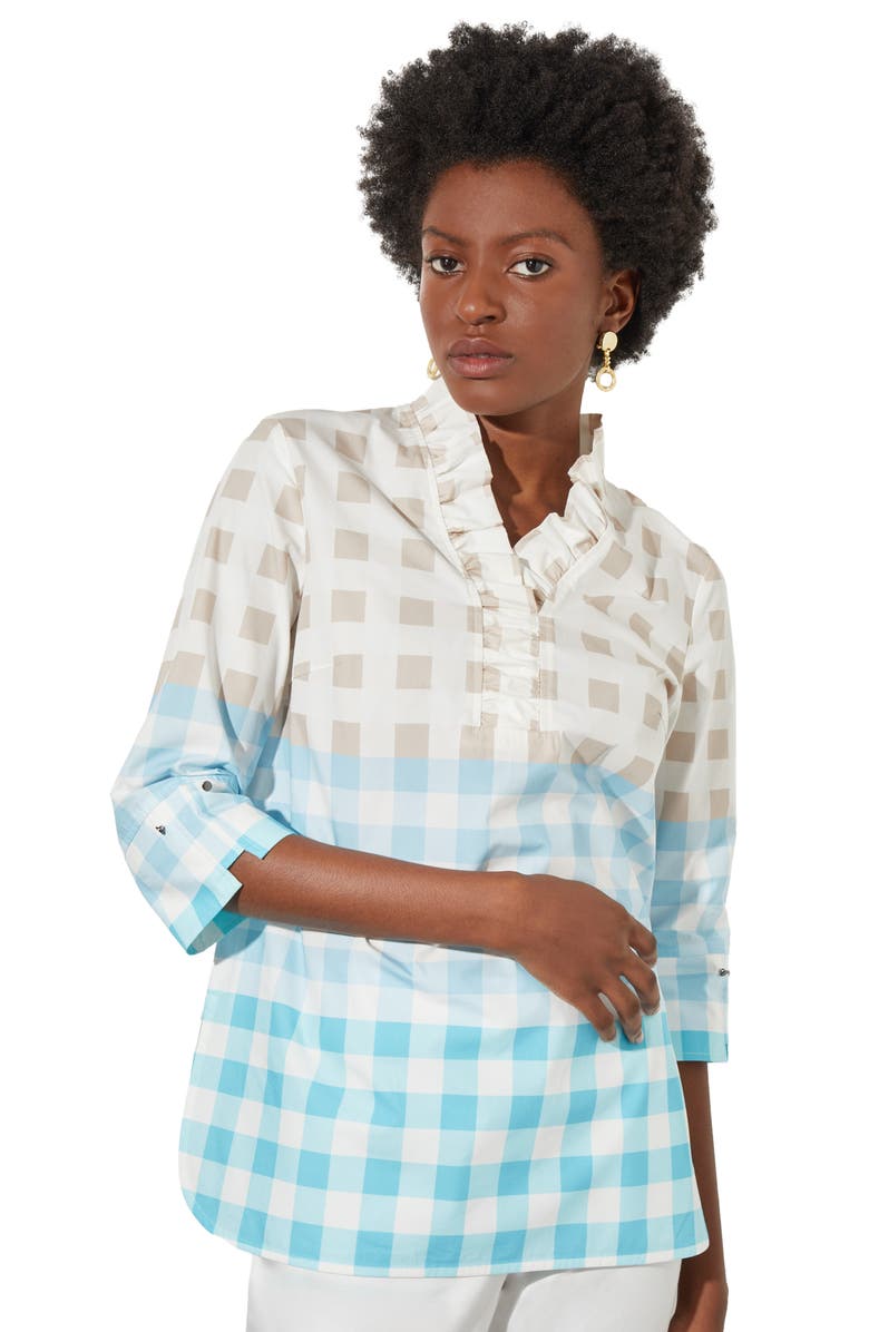 Ming Wang Ruffle Neck Gingham Shirt, Alternate, color,