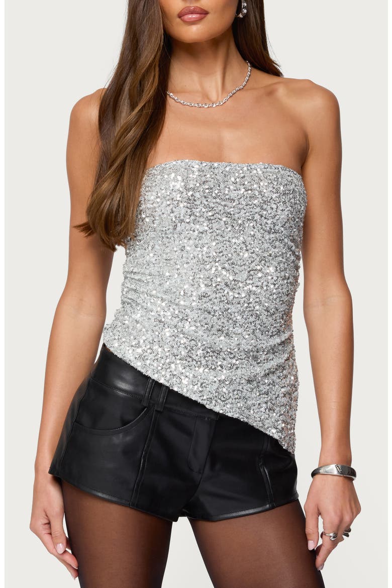 Sequin Strapless Asymmetric Top, Main, color, SILVER