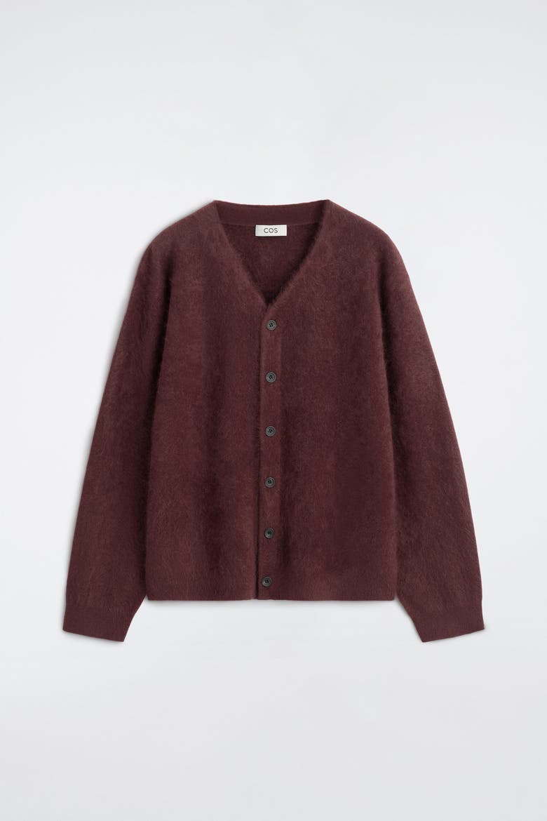 Brushed Pure Cashmere V-neck Cardigan, Alternate, color, WINE RED