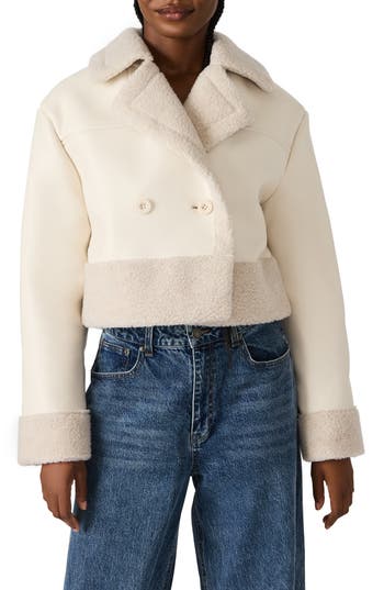 Steve Madden Athen Faux Shearling Trim Moto Jacket In Neutral