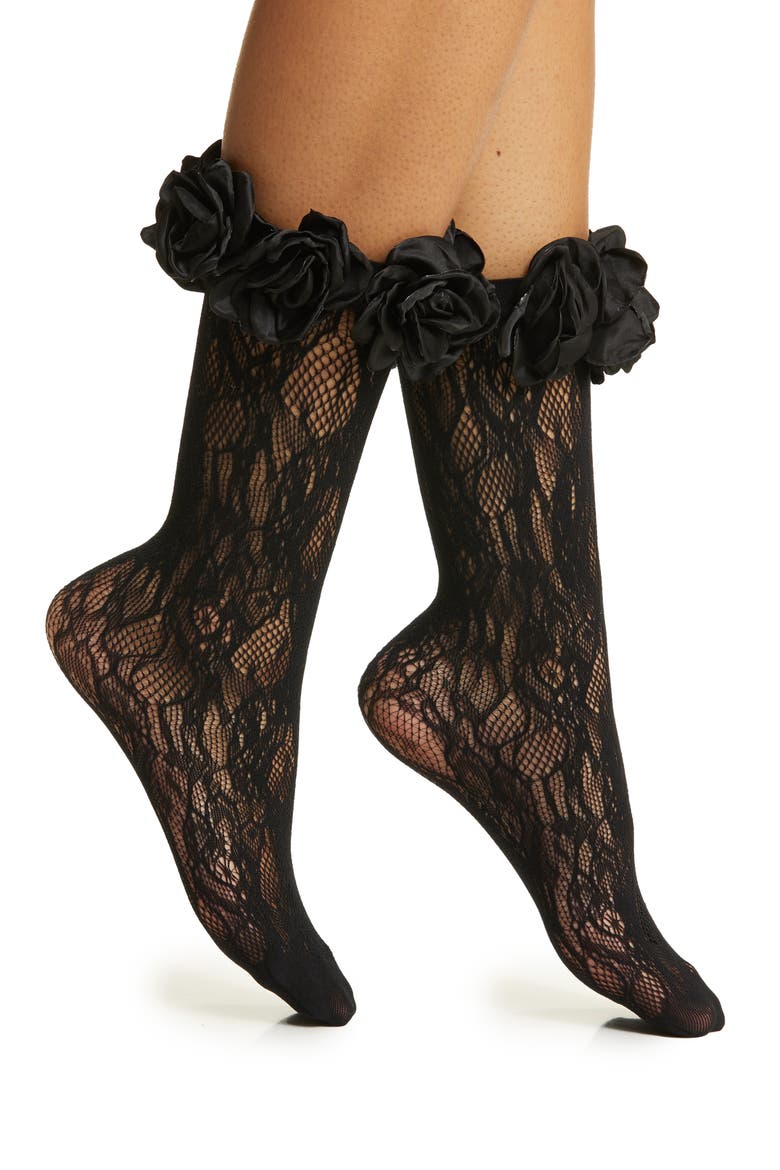 Rosetta Lace Crew Socks, Main, color, BLACK