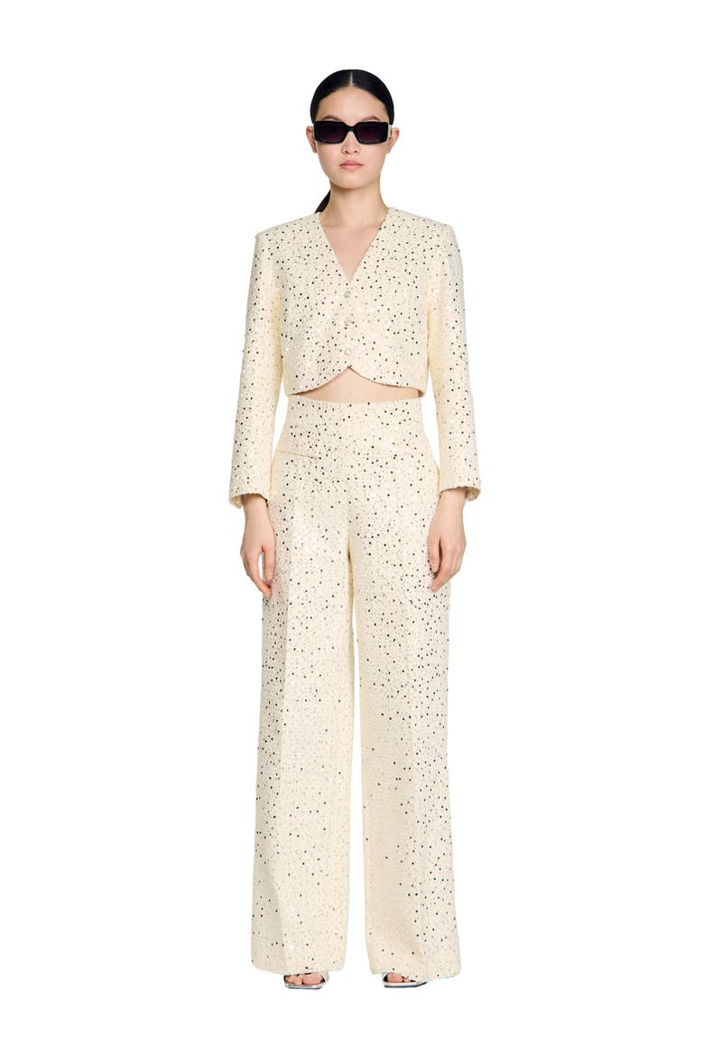 Sequin straight-leg cotton trousers, Alternate, color, Ecru