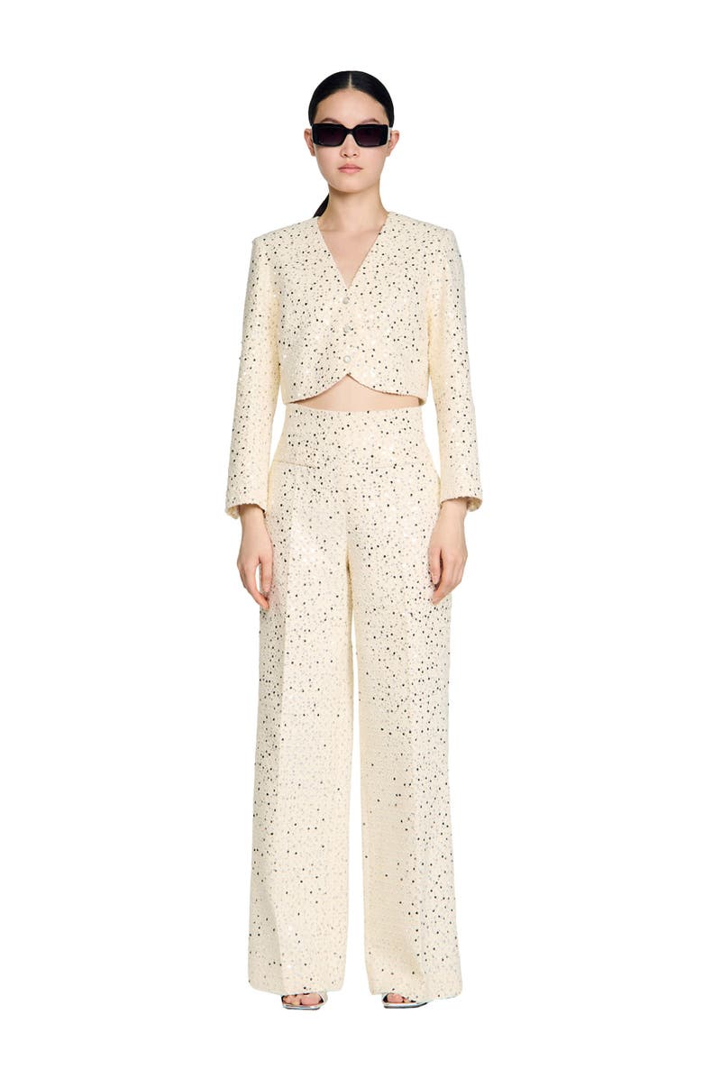 SANDRO Sequin straight-leg cotton trousers, Alternate, color, Ecru