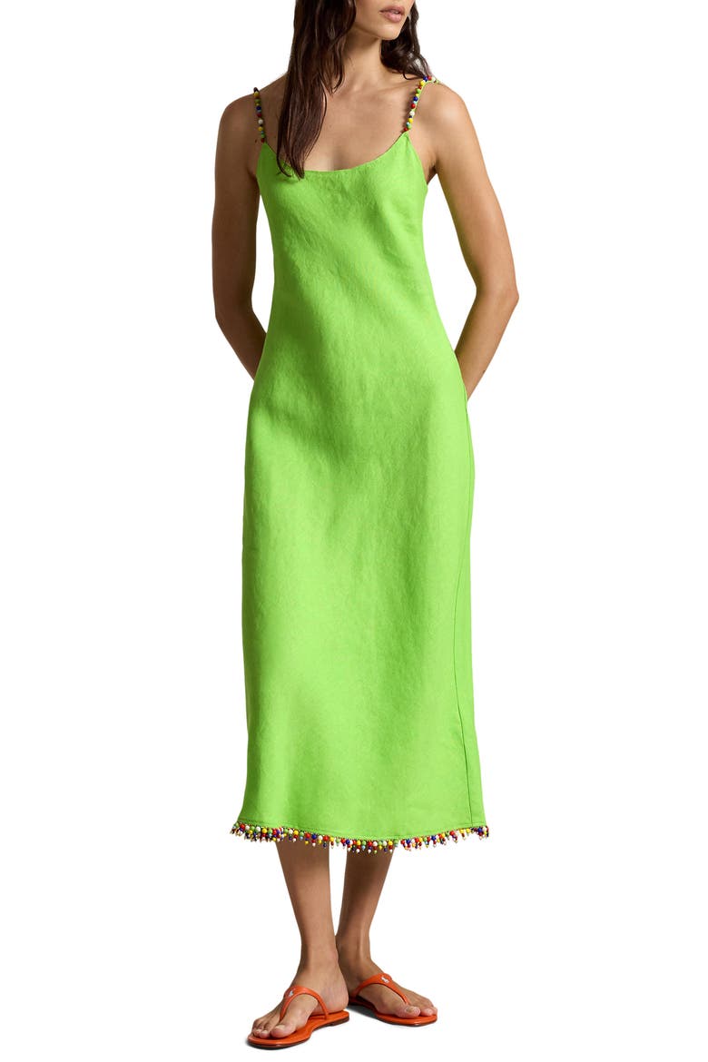 Bead Detail Linen Slipdress, Main, color, RIVIERA GREEN