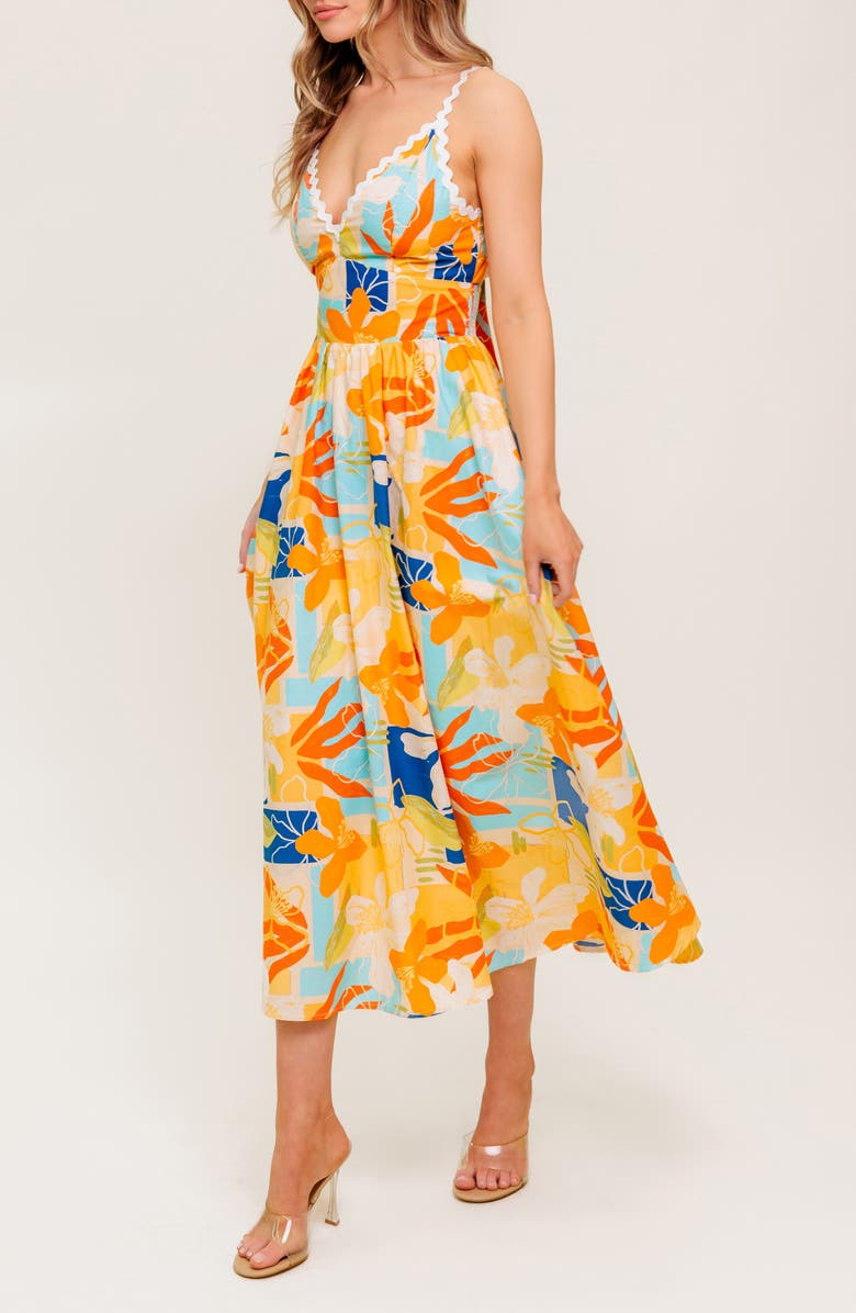 FLYING TOMATO Floral V-Neck Midi Dress, Alternate, color, Orange/ Blue