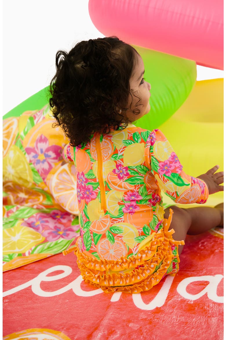 Neon Ruffle Long Sleeve UPF 50+ One-Piece Rashguard Swimsuit, Alternate, color, YELLOW