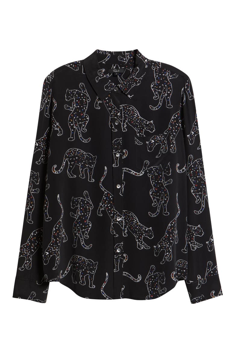 Kate Jaguar Print Silk Button-Up Shirt, Alternate, color, BLACK JAGUARS