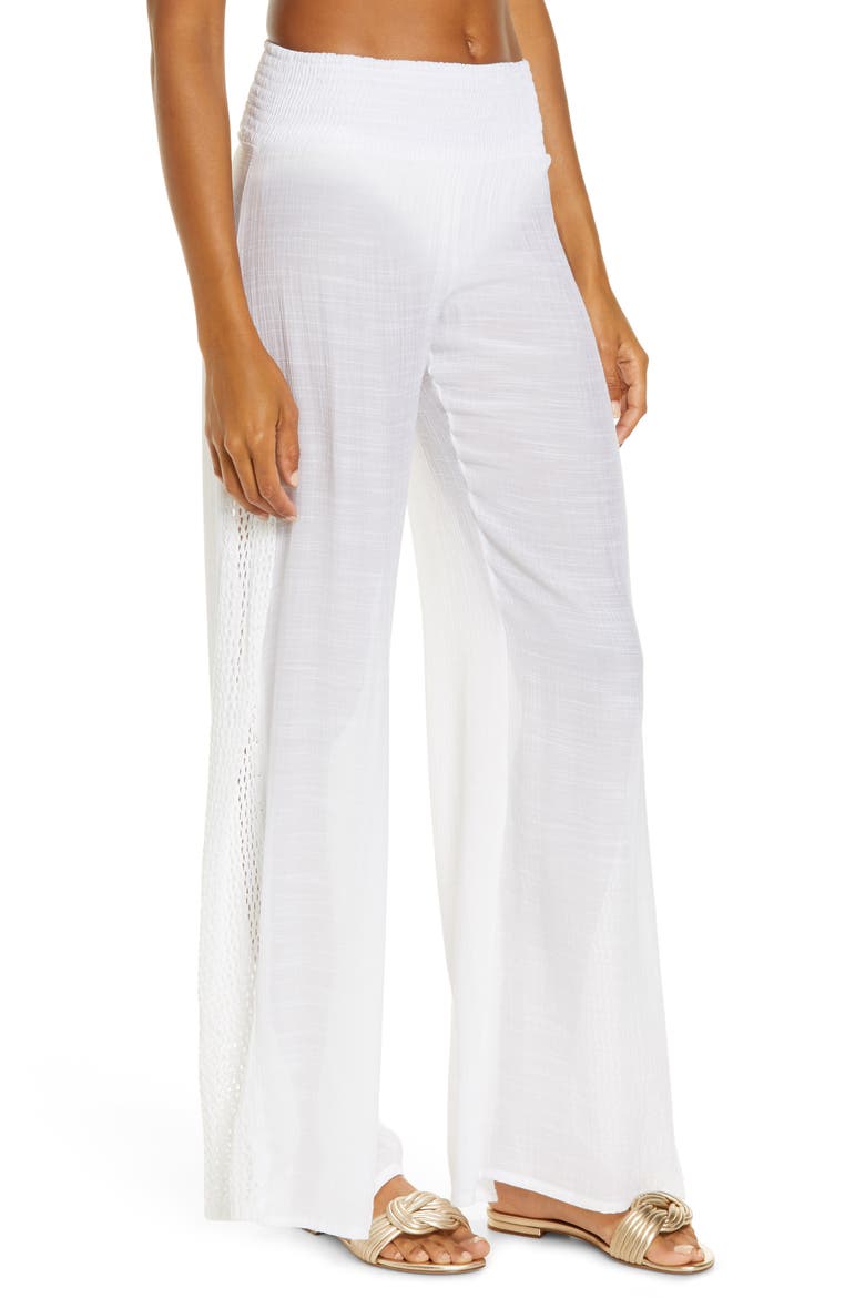 Crochet Trim Wide Leg Cover-Up Pants, Alternate, color, WHITE