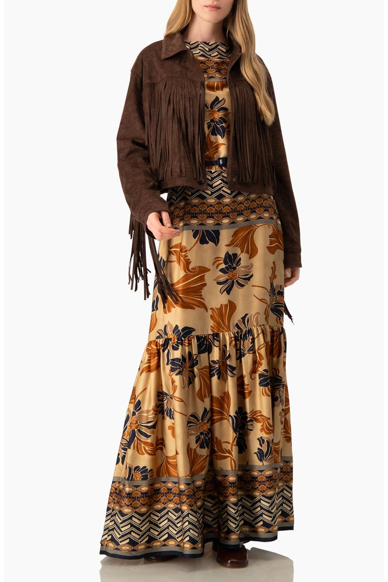 Belted Floral Fit-and-Flare Maxi Dress, Alternate, color, Light Brown