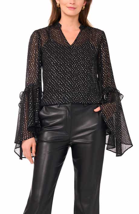 Vince Camuto Metallic Print Ruffle Sleeve Chiffon Top