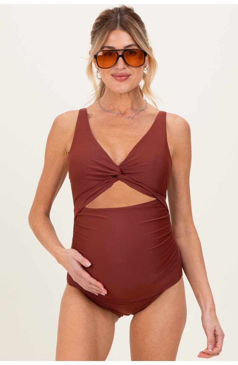 PinkBlush Ruched Sides Front Cutout One Piece Swimsuit, Main, color, Brown