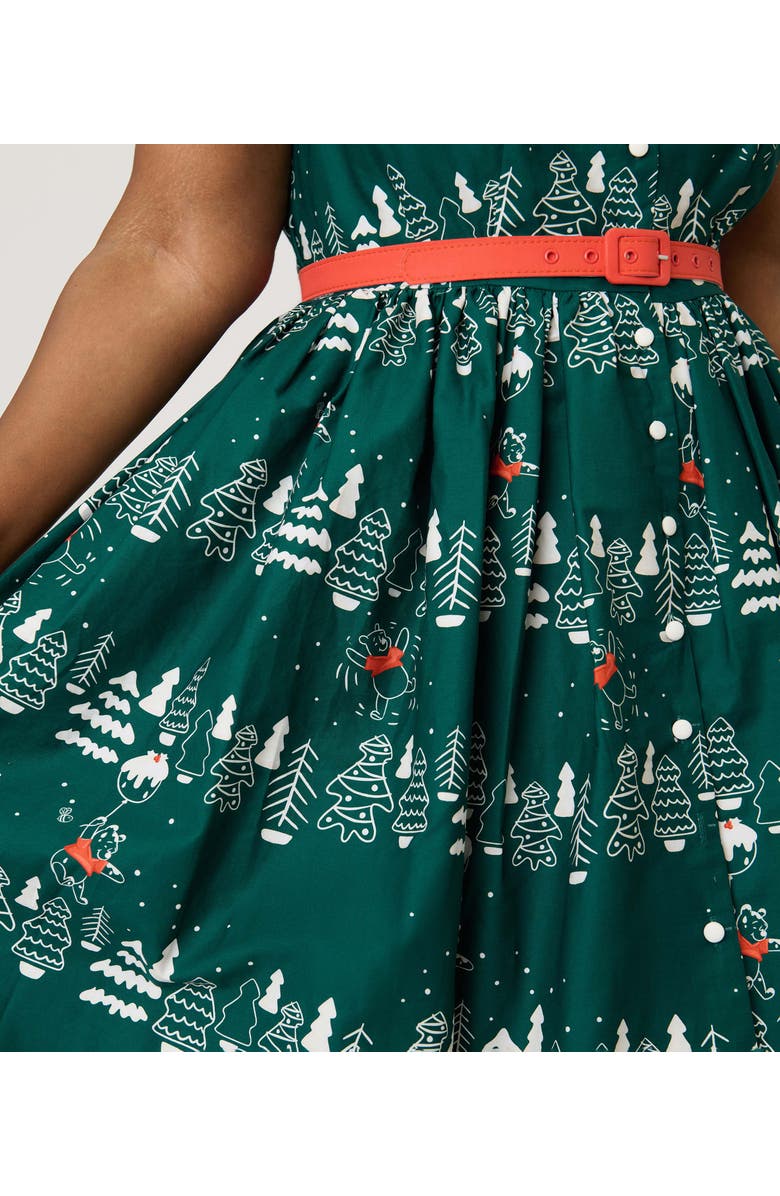 Unique Vintage Plus Size Collared Short Sleeved Belted Alexis Swing Dress, Alternate, color, Green