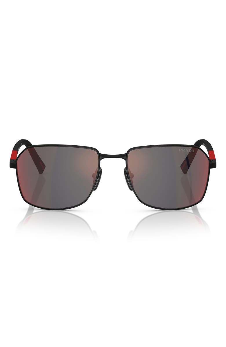 Prada Linea Rossa 57mm Rectangular Sunglasses, Main, color, Rubber Black