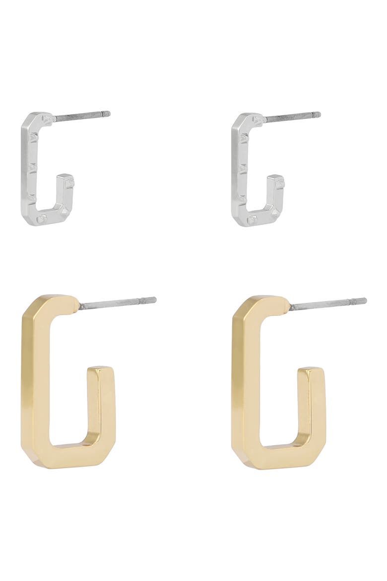 Set of 2 Hex Huggie Hoop Earrings, Alternate, color, TWO TONE SHINY