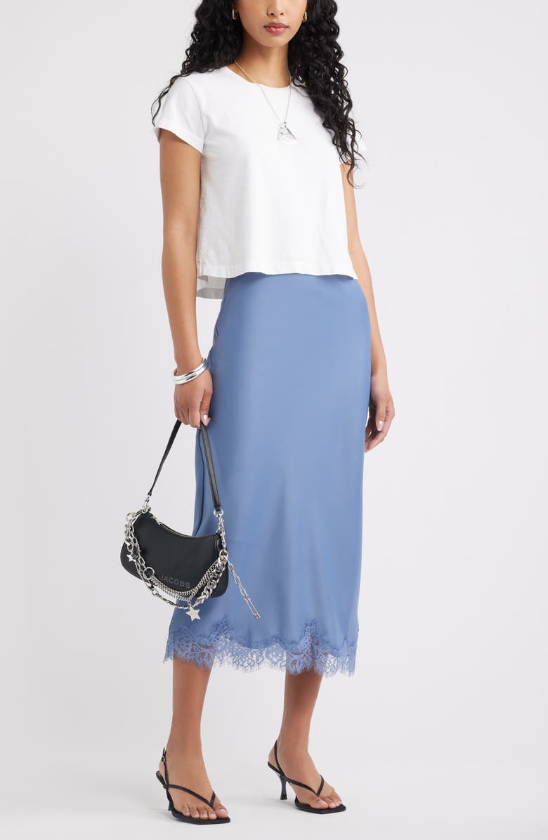 Open Edit Lace Trim Satin Midi Skirt, Alternate, color, Blue Umbra