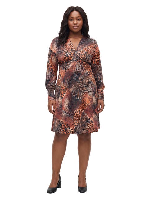 Elevate Curvy Long Sleeve V Neck Empire Waist Knee Length Flare Dress