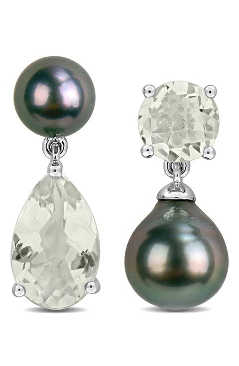 Cultured Tahitian Pearl & Stone Mismatch Drop Earrings